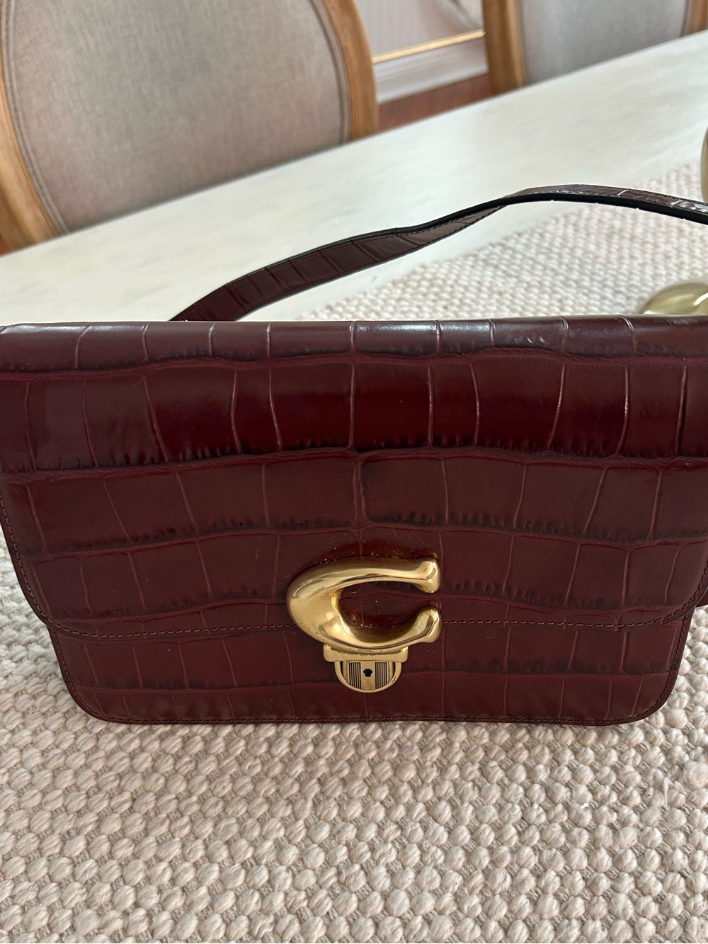 Coach Croc-Embossed Leather Shoulder Bag in Deep Burgundy with Gold Hardware